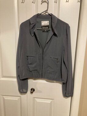 #157 Kensie Blouson Bomber Jacket Sheer Sleeves Ruched Collar, Grey, Size Large